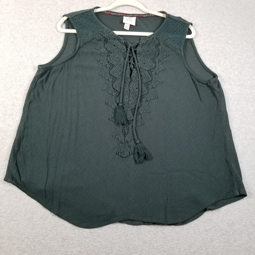 Knox Rose Tank Top Womens XXL 2XL Green See Through Boho Lace Up Sleeveless Knit